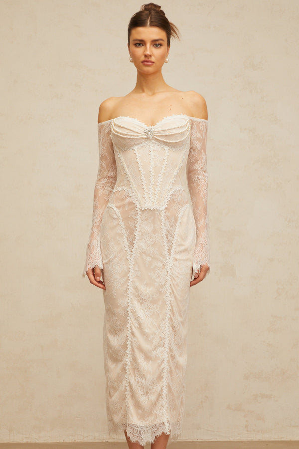 Énora white embellished floral-lace midi dress