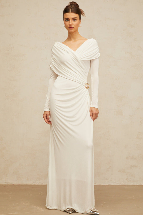 Hélène ruched fitted stretch maxi dress in White