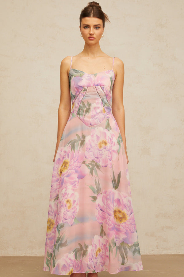 Gaëlle pink floral-print draped maxi dress
