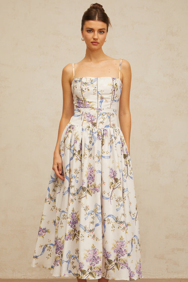 Fleur floral-print midi dress in White