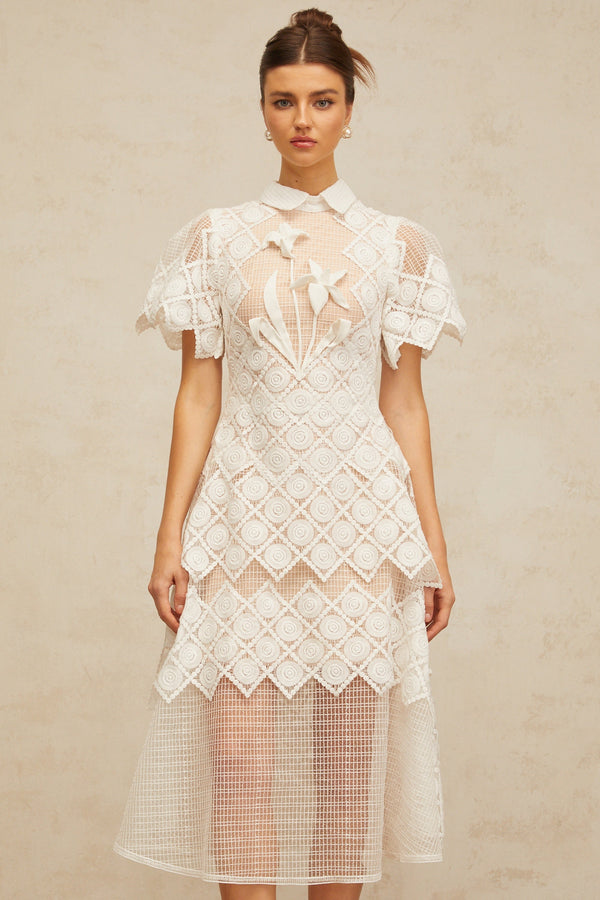 Yasmine white floral-embroidered midi dress