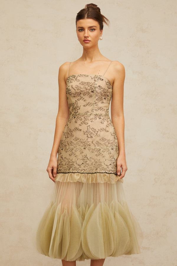 Mathilde green embroidered panelled midi dress