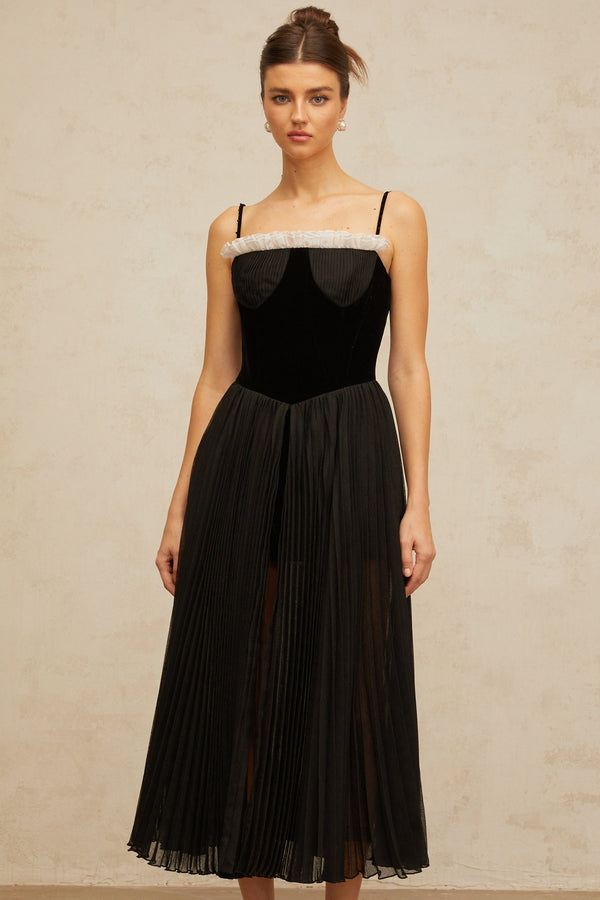 Clémence black velvet-panel pleated midi dress