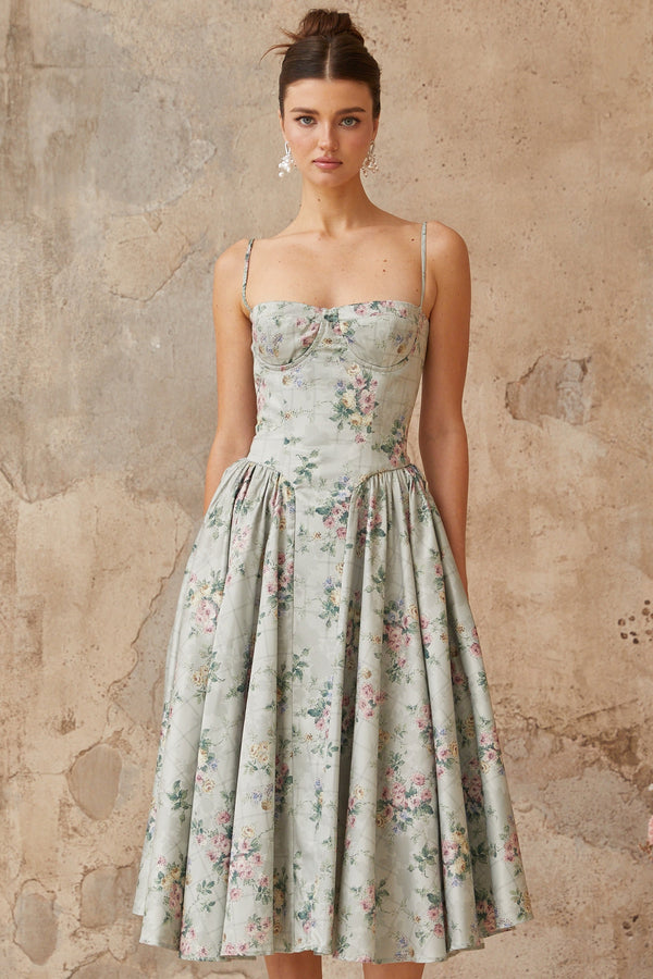 Prunelle sage-green floral-print shirred midi dress