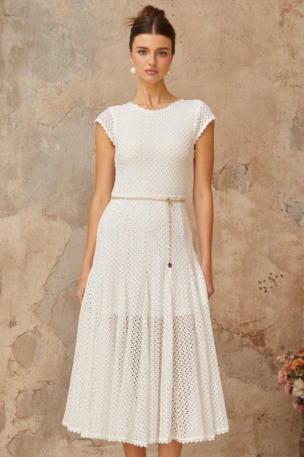 Giada White Shirred Crochet Knit Midi Dress