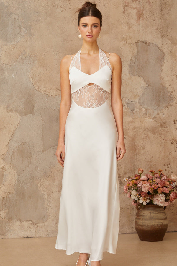 Blanche white lace-panel satin maxi dress