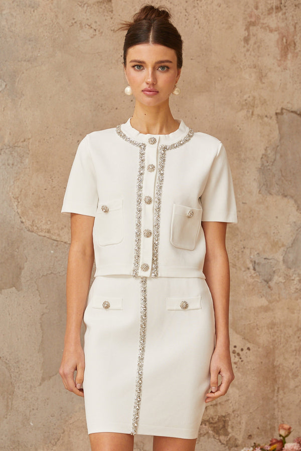 Aurore white crystal-embellished knit top & skirt matching set