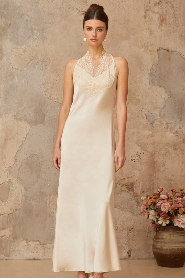 Vera White Lace Trim Satin Maxi Dress (US Only)