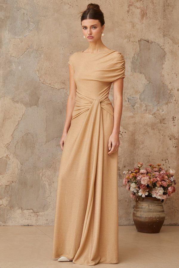 Rosalie gold asymmetrical pleated maxi dress