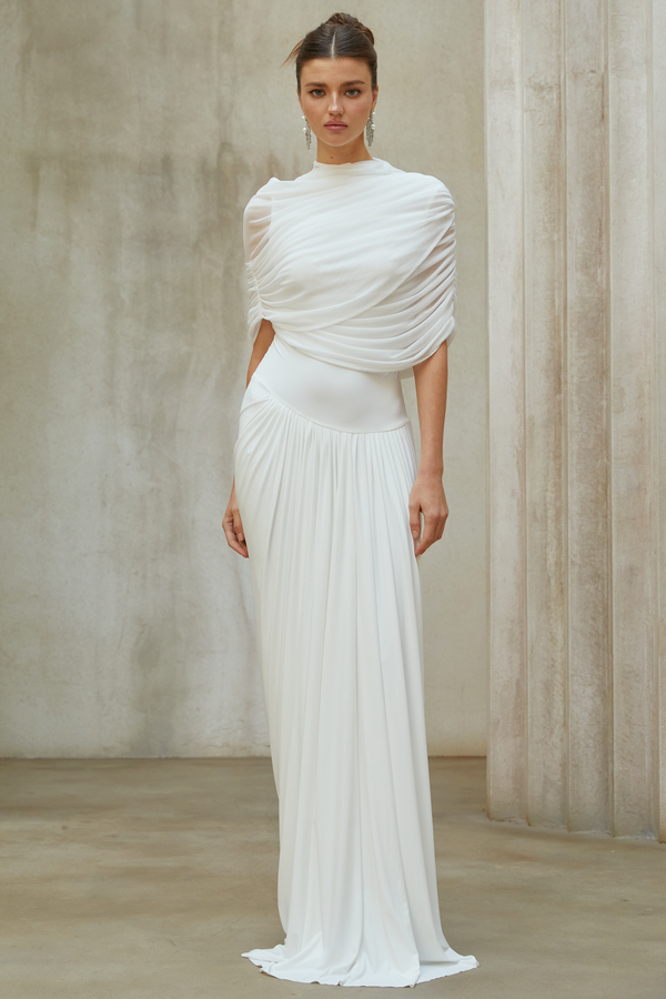 Catherine White Asymmetrical Pleated Maxi Dress