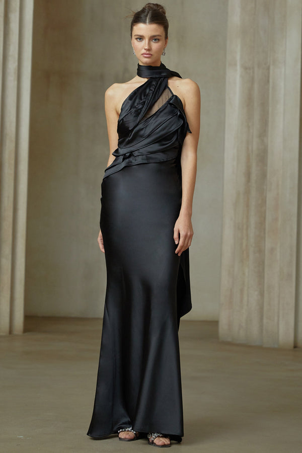 Maureen black ribbon-design satin maxi dress (US Only)