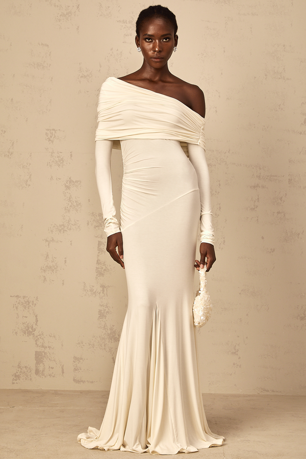 Delphine White Off-Shoulder Ruched Maxi Dress