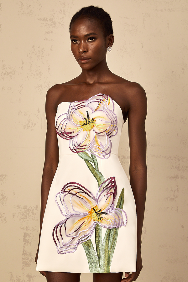 Irène White Off-Shoulder Sequin Floral Embroidered Mini Dress