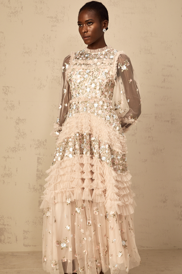 Dianthe Floral Embroidered Tiered Tulle Maxi Dress