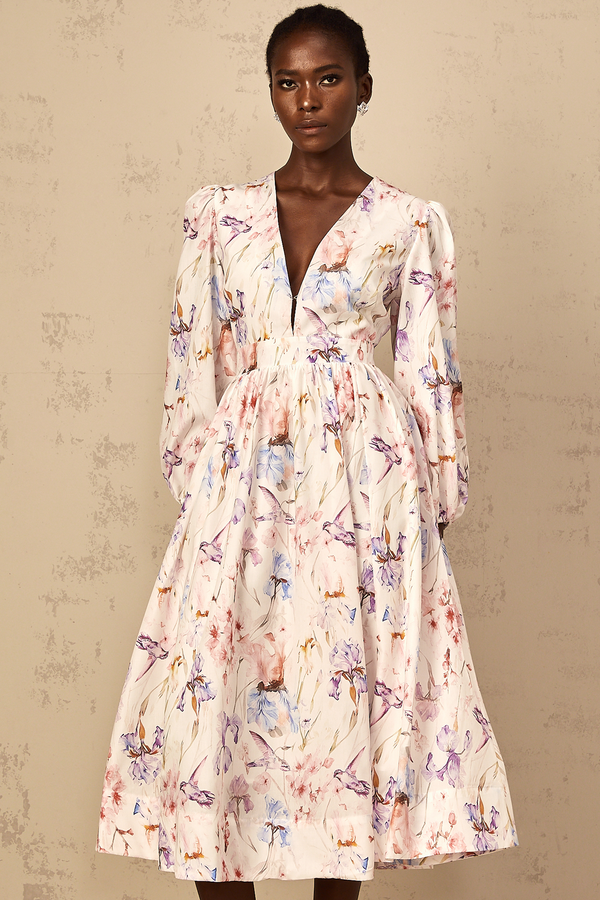 Géraldine White V-Neck Floral Print Midi Dress