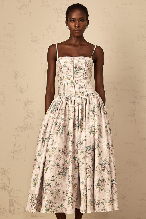 Fleur Neutral Floral Print Midi Dress