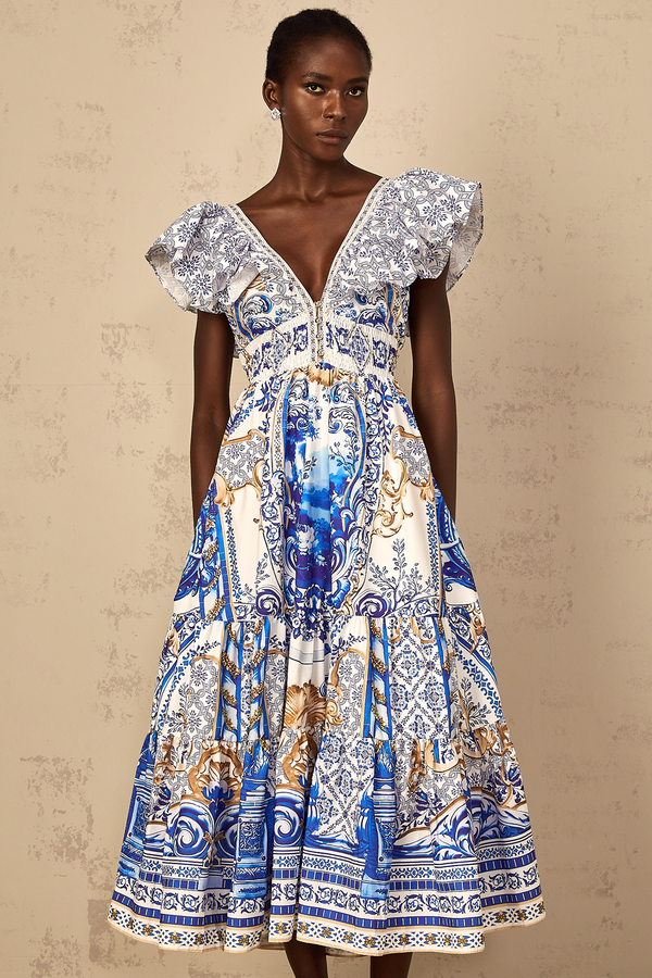 Calliopée Blue Baroque Print Tiered Midi Dress