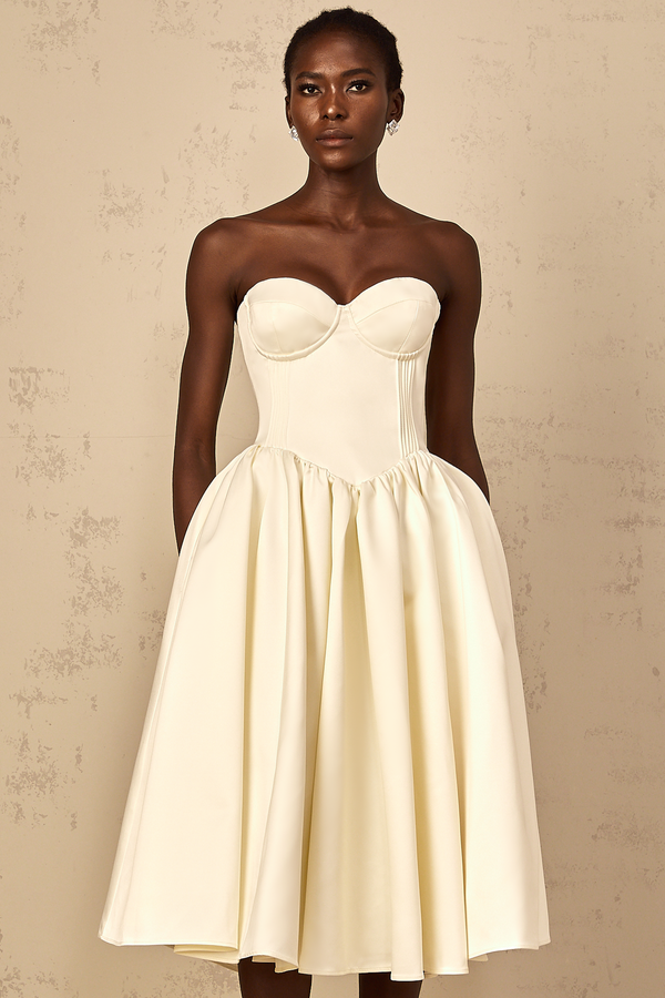 Noor White Off-Shoulder Shirred Midi Dress (US Only)