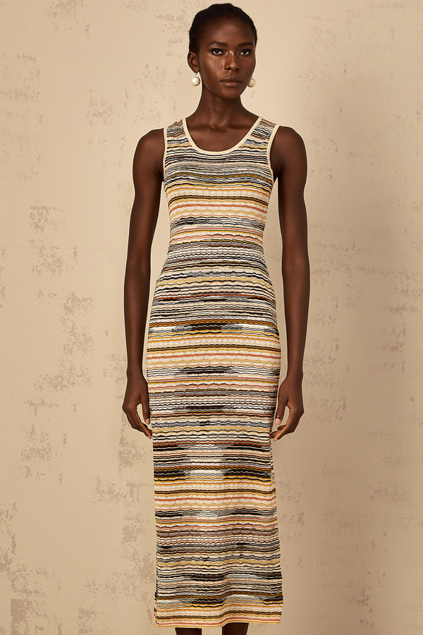 Quentin Yellow Striped Crochet Knit Midi Dress