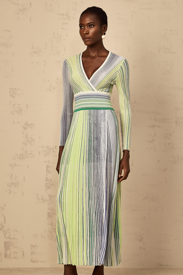 Amaryllis Green Long Sleeve Sequin Striped Knit Maxi Dress