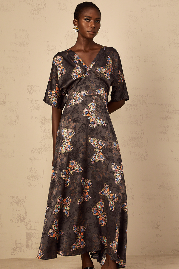 Glannon Black Self-Tie Butterfly Print Maxi Dress