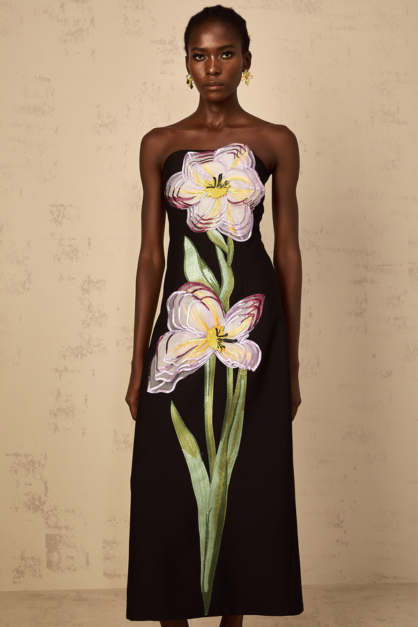 Irène Sequin Embroidered Off-Shoulder Midi Dress in Black