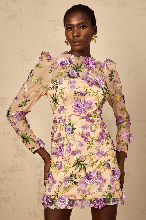 Jolien Purple Floral Appliqué Embroidered Tulle Mini Dress