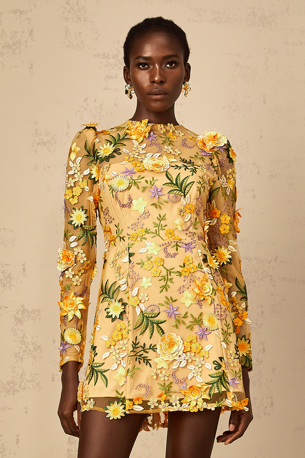Jolien 3D Floral Appliqué Mini Dress in Yellow