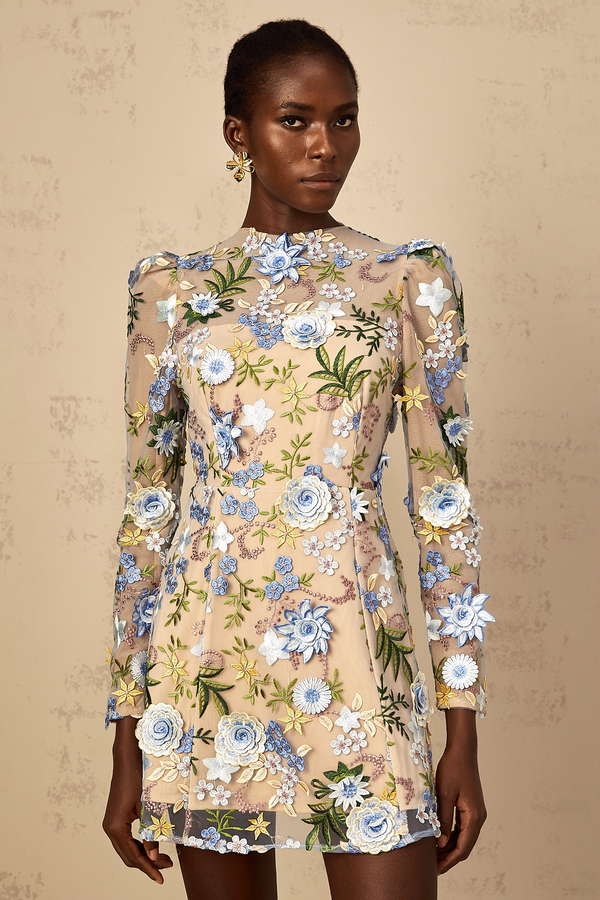 Jolien Blue Floral Appliqué Embroidered Tulle Mini Dress (US Only)