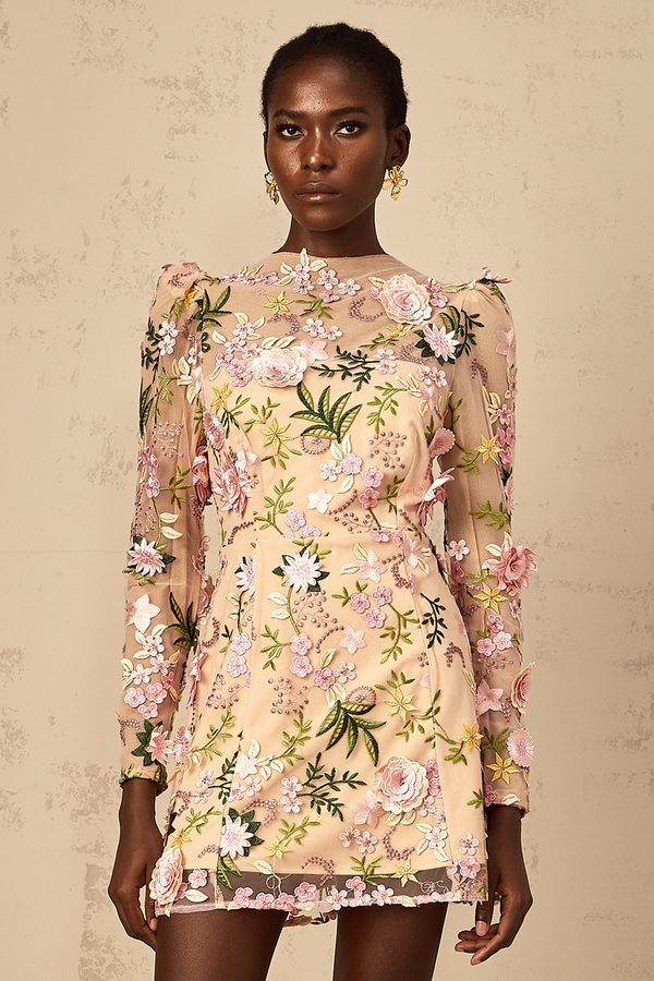 Jolien 3D Floral Appliqué Mini Dress in Pink