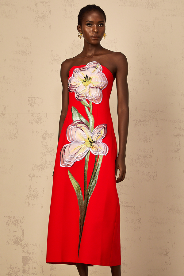 Irène Sequin Embroidered Off-Shoulder Midi Dress in Red