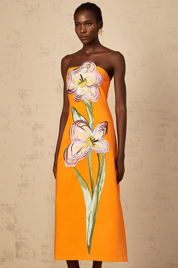 Irène Sequin Embroidered Off-Shoulder Midi Dress in Orange