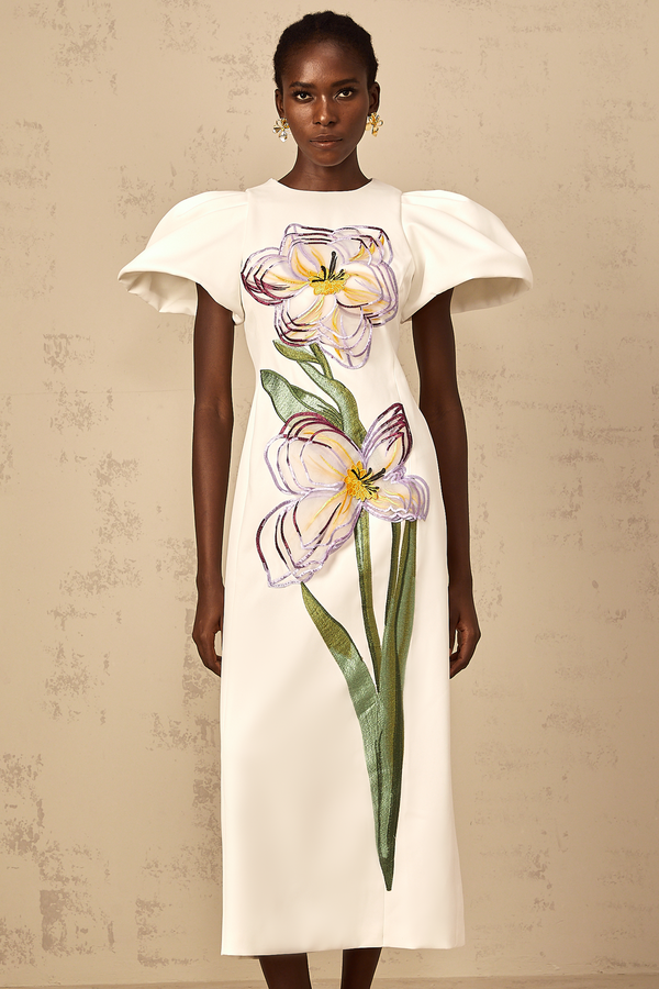 Irène White Sequin Floral Embroidered Midi Dress