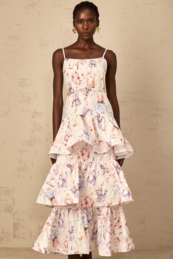 Géraldine White Floral Print Ruffled Tiered Maxi Dress