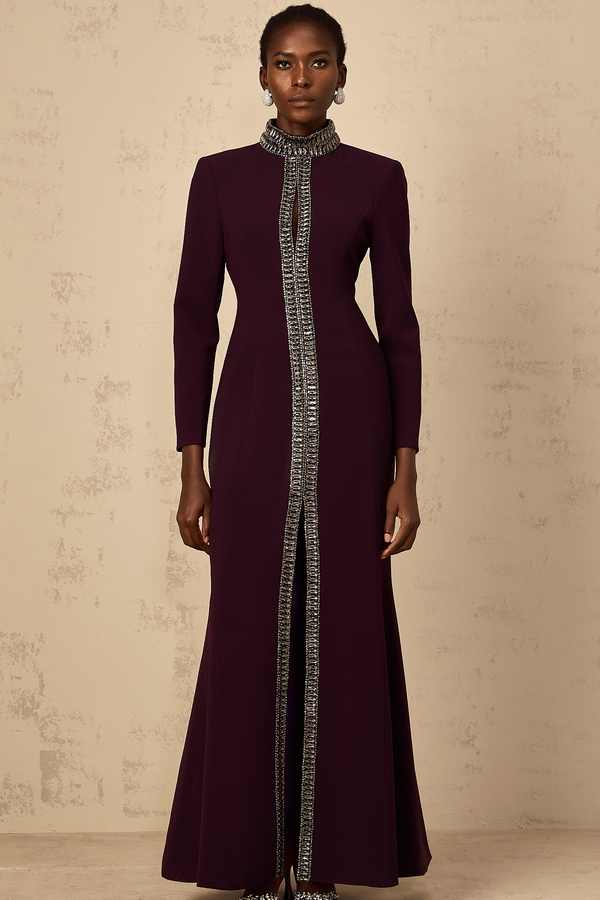 Maëlie Burgundy Embellished Flared Maxi Dress