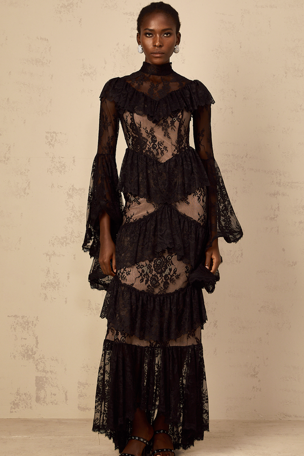 Roxane black floral-lace ruffled maxi dress
