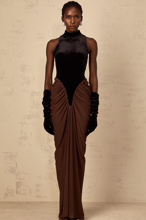 Mathilde brown velvet-panel ruched maxi dress