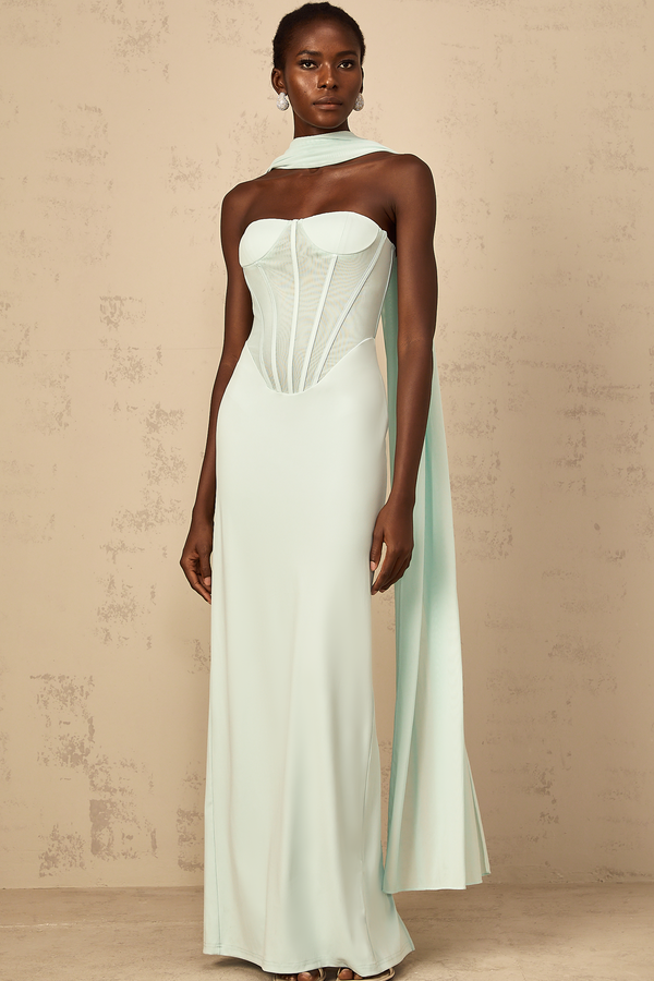 Béryl Tulle Panel Corset Maxi Dress in Mint Green