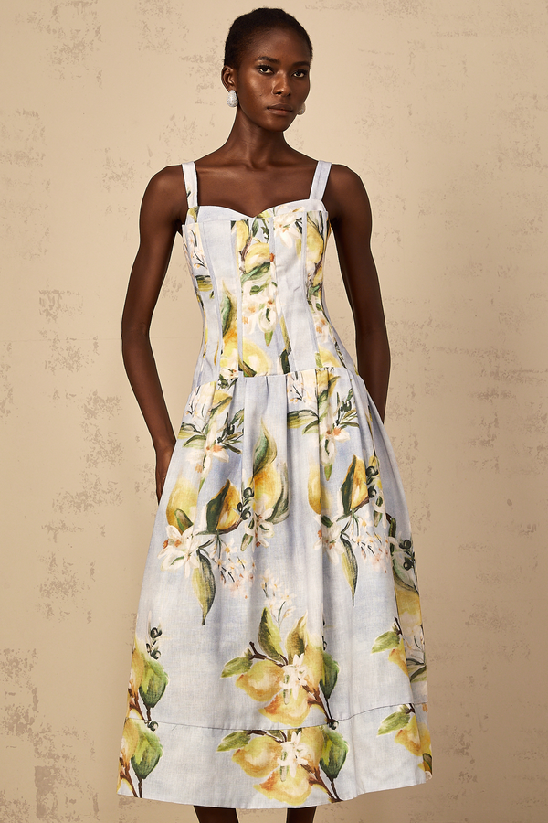 Esmée Blue Cottagecore Shirred Floral Midi Dress