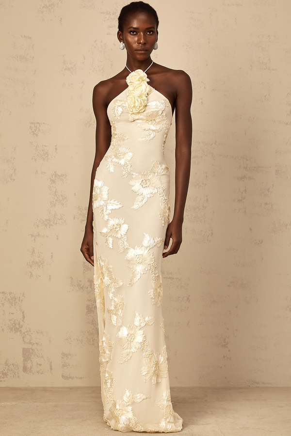 Melanie Neutrals Embroidered Halterneck Maxi Dress