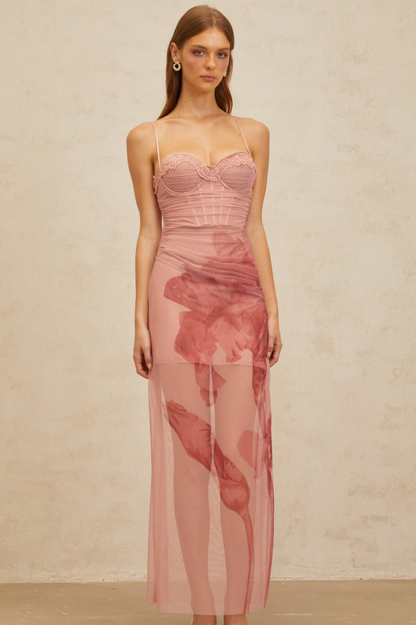 Amandine Pink Floral Print Tulle Maxi Dress