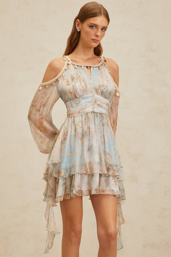 Glannon Blue Floral Print Silk Mini Dress
