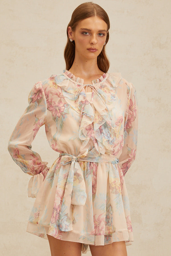 Aurore Neutral Floral Print Ruffled Chiffon Playsuit