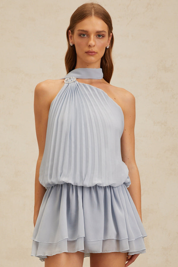 Angèle Blue Halterneck Fully Pleated Mini Dress