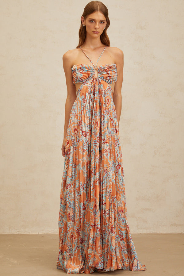 Andréa Orange Floral Print Pleated Maxi Dress with Cutout Detail