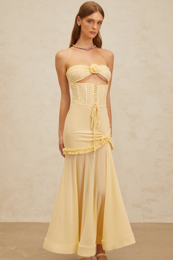 Estelle Yellow Lace Panel Corset Maxi Dress