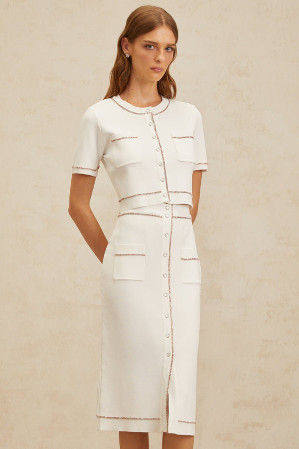 Clotilde White embellished Knit Top & Skirt Set