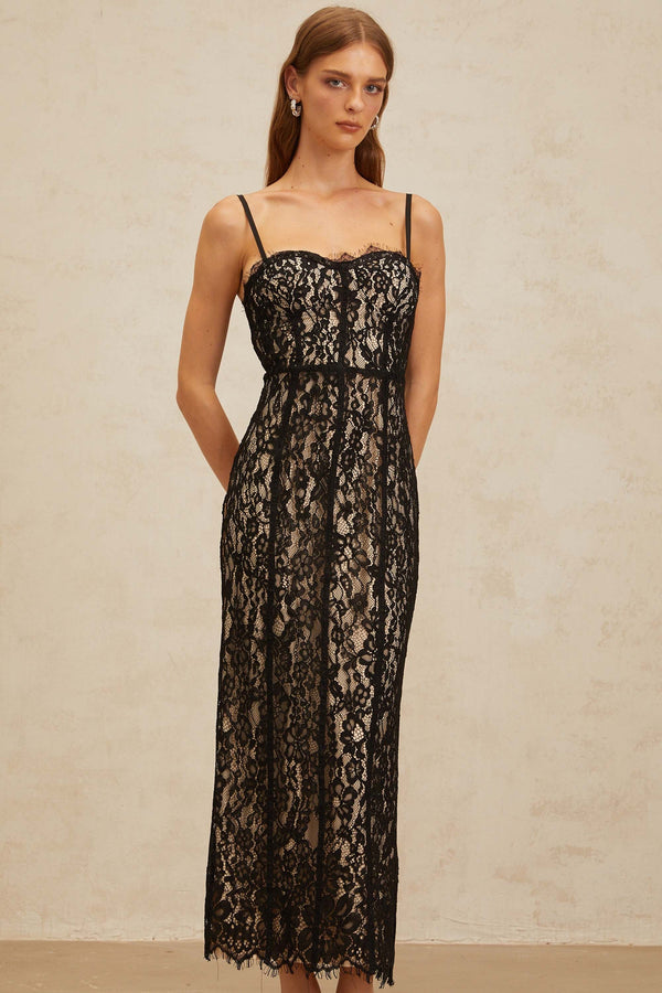 Fleur Black Floral Lace Bustier Maxi Dress