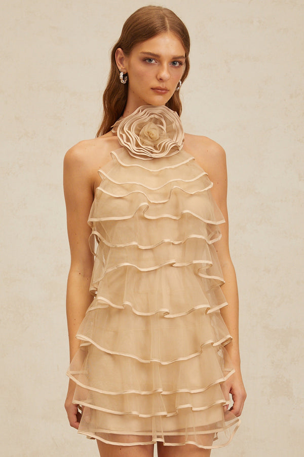 Coralie Khaki 3D Petal Layered Tulle Mini Dress