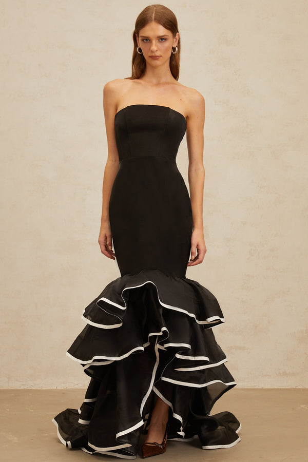 Dianthe Black Ruffled Mermaid Tiered Maxi Dress (US Only)